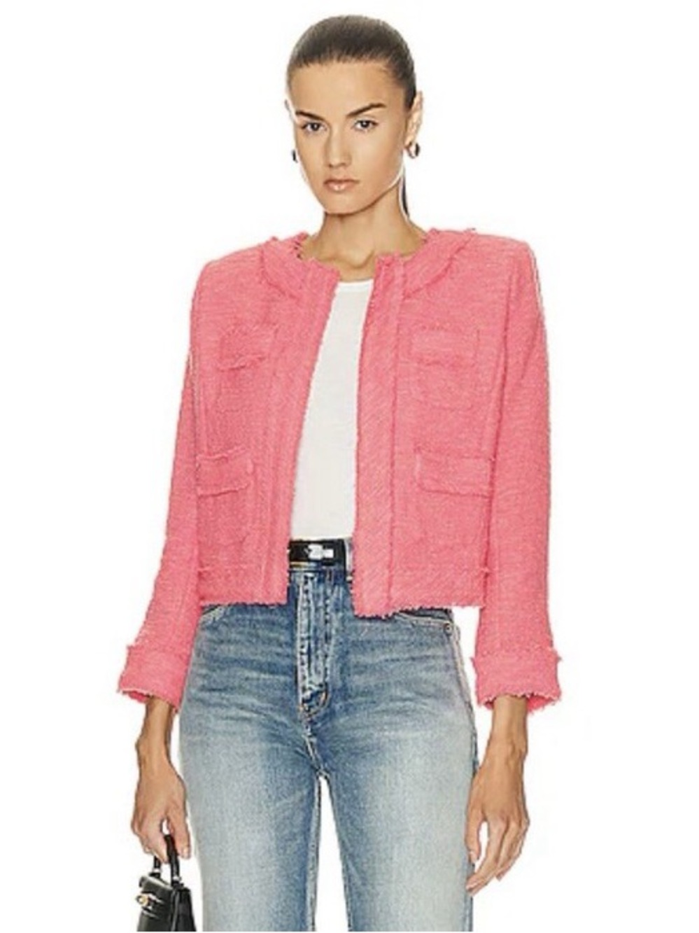 L'AGENCE Keaton Tweed Pink Jacket with Fringe